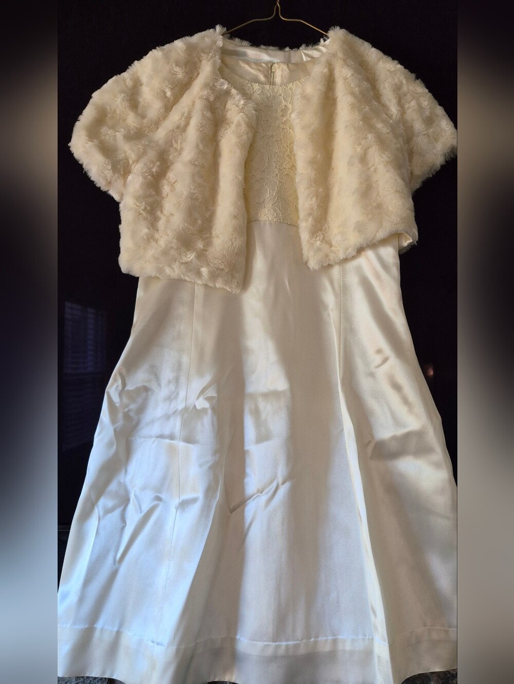 Handmade Ivory Lace Bodice Satin Skirt Girls Dress with Faux Fur Bolero